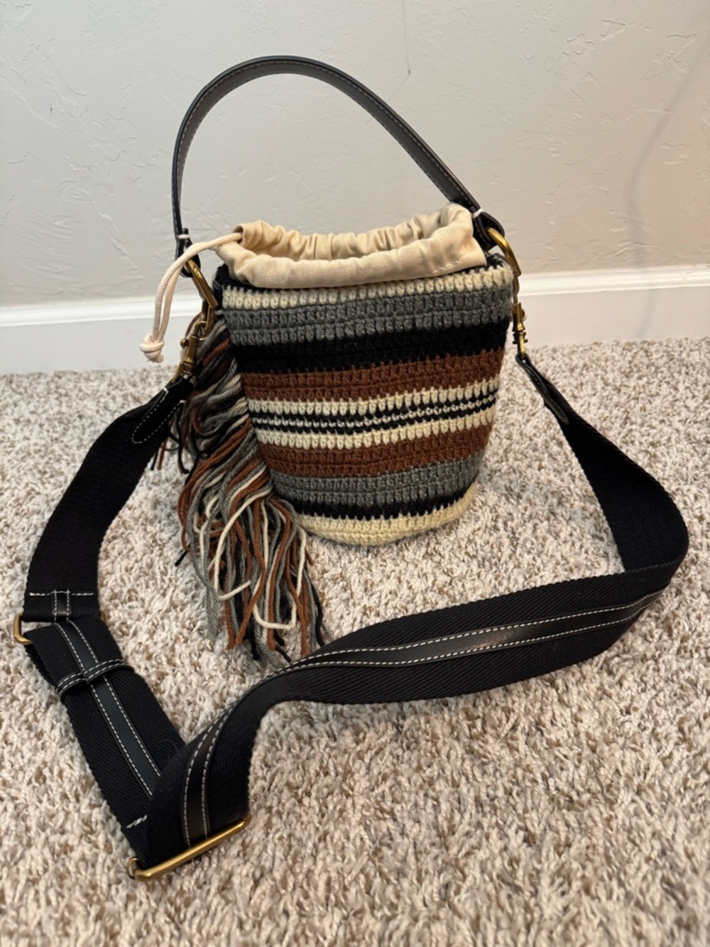 Zara Woven Stripe Bucket Bag with Fringe